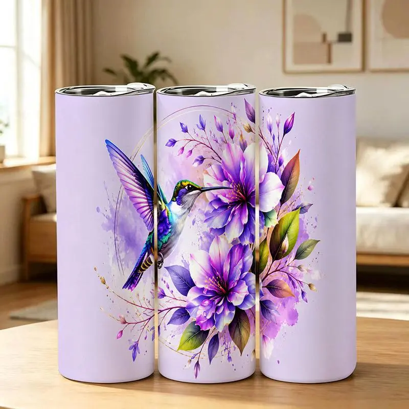 20oz Stainless Steel Hummingbird & Purple Flower Art Double Wall Vacuum Insulated Leakproof Flask Tumbler Mug with Lid, Insulation-Enhanced Kitchenware for Coffee & Iced Tea, Ideal Women's Birthday Holiday Gift Idea
