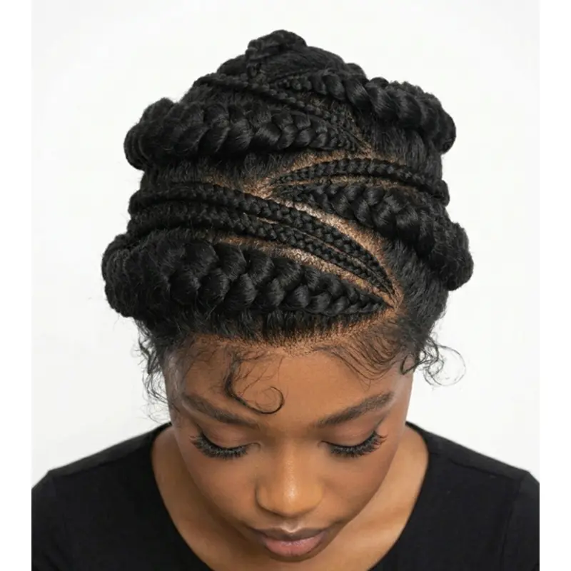 12 Inch Short Cornrow Updo Braided Wig, Two Layer Chunky Cornrow Bun African Full Lace Synthetic Braiding Hair Wig with Natural Baby Hair, Wear & Go Pre-Braided Quick Protective Hairstyle #CornrowUpdo #BunBraids #ShortBraidedWig #BlackGirlHairstyles