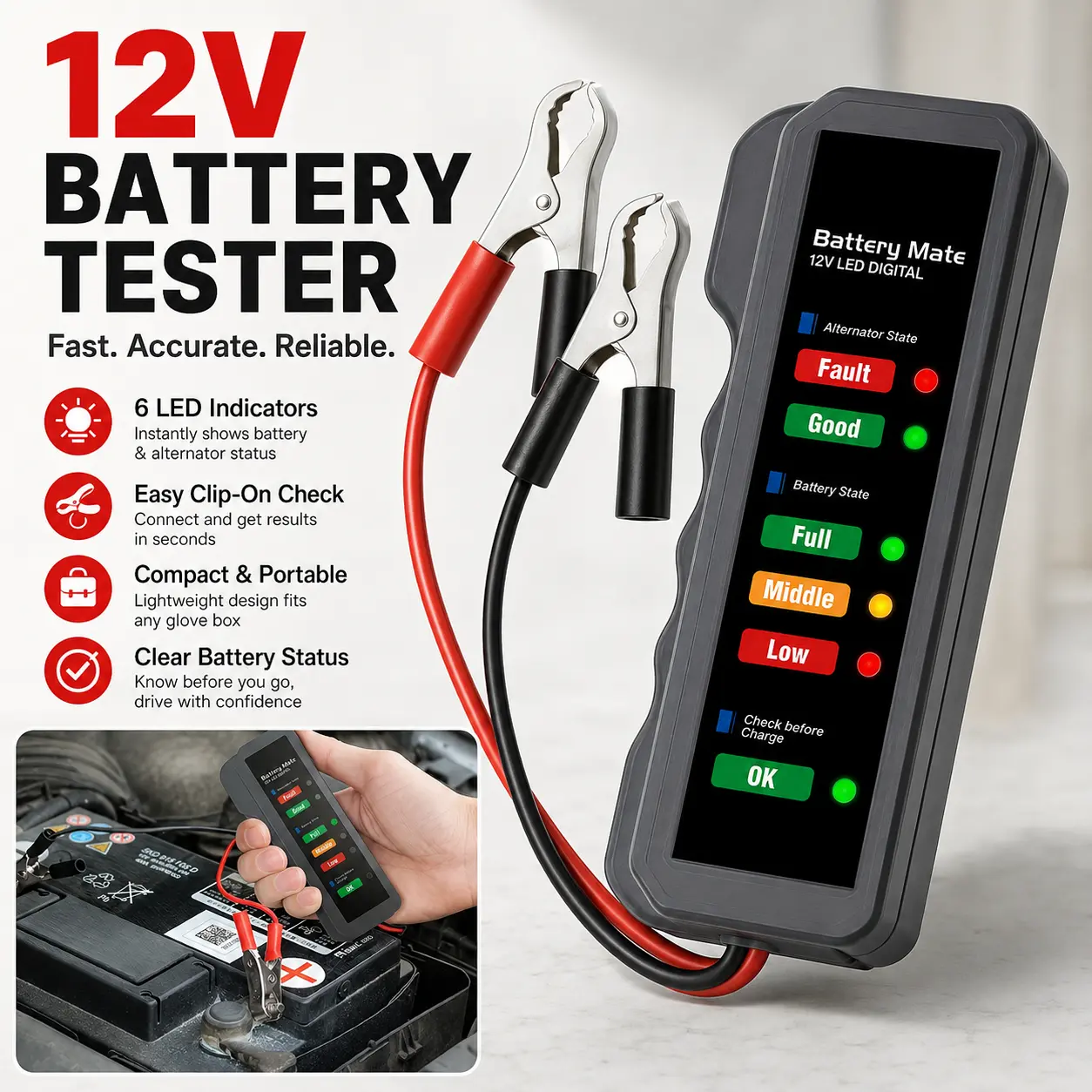 12V Car Battery Tester, 6-LED automotive battery & alternator checker with comprehensive low-status indicators and charging system test for cars