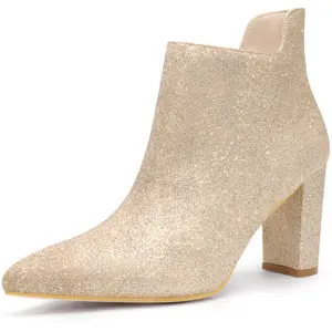 BLISSFUL STEP Women's Pointed Toe Cutout Block Heels Glitter Ankle Booties