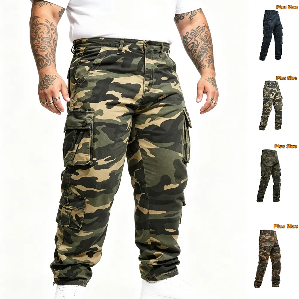 Men's Plus-Size Pure Cotton Camouflage Straight-Leg Cargo Pants - Multi Pockets, Tactical Streetwear Outfits, Retro Look, Casual Wilderness Camping-Hiking Bottoms, Full Length, Hiking Camping, Long Pants, Outdoor Sports