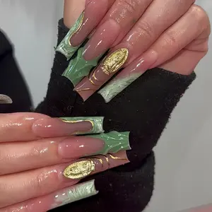 24pcs Long Square Nail Set, Marble Gold Design, Wrap Nail Design, 3D Texture, Artistic Religious Patterns, High Gloss Finish, Includes Jelly Glue & File Kit