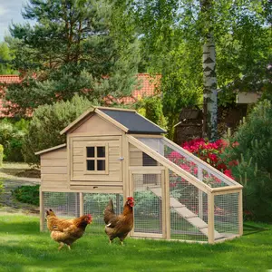 69" Natural Wooden Chicken Coop for Poultry, Hen House Cage with Connecting Ramp, Removable Tray, Ventilated Window and Nesting Box (Farm Animal Supplies)
