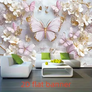 2D Princess Girl Birthday Party Tapestry, featuring elegant purple butterflies and pink daisies, perfect for birthday and wedding parties, and as a European-style wall photo backdrop prop. banners rectangular tree pattern