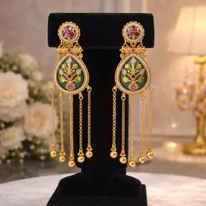 Elegant Kashmiri Style Earrings with Ghungroo - Gold Color, Teardrop Design, and Chain Detailing