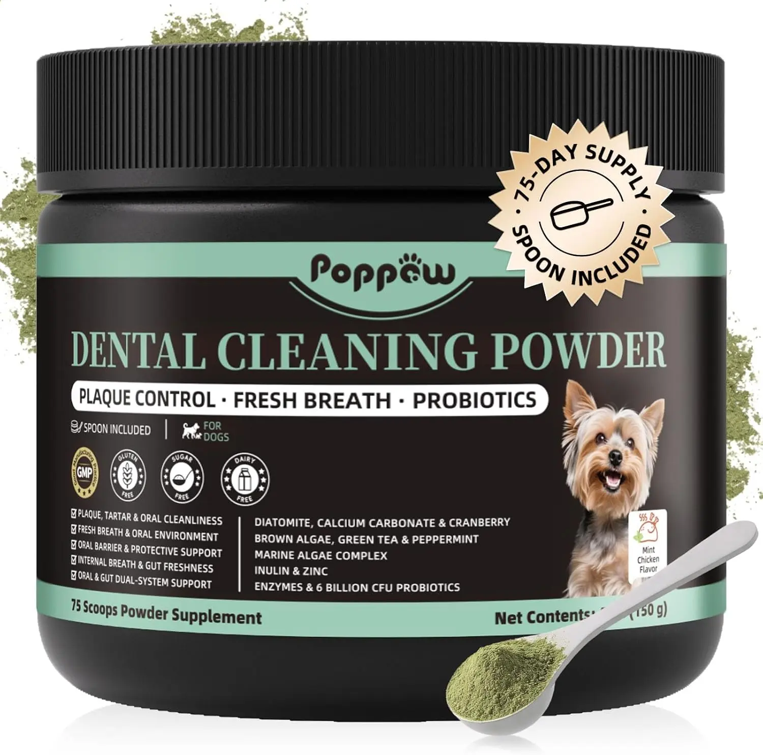 Dog Dental Powder, Teeth Cleaning Powder, Plaque & Tartar Off, 75 Servings | Fresh Breath Support, No Brushing Oral Care, Mint Chicken Flavor