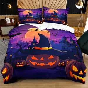 Halloween Style Moon Night Pumpkin Bedding Set, Includes 1 Fitted Sheet & Pillowcases, Perfect for Halloween Bedroom Decor
