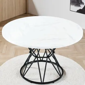 Modern circular dining table with a diameter of 47.3 inches, composed of 4 white marble patterned MDF boards,black hourglass shaped metal brackets for 4-6 people.