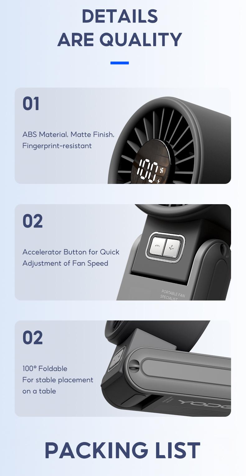 Yodevoe portable handheld turbine fan, 100 wind speed settings, USB rechargeable mini fan, with adjustable lanyard, suitable for outdoor travel, a gift for both men and women.