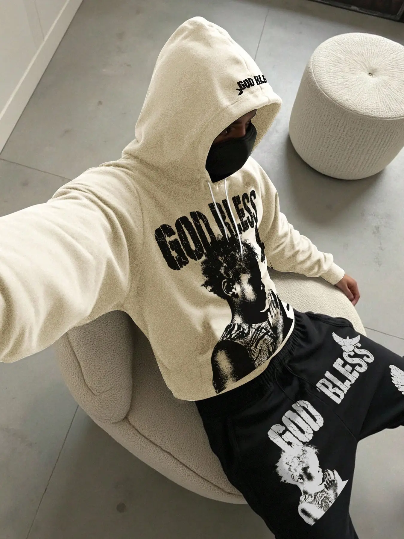 Men's Hooded Sportswear Set, God Prayer Graphic Print, Vintage Religious Elements, American Street Style, High-Quality Casual