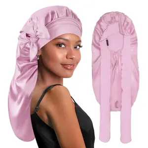 BONNET QUEEN Silk Bonnet Satin Bonnet Braid Bonnet Long Bonnet for Braids Hair Bonnet for Sleeping with Tie Band for Women Curly Hair locs Dreadlocks Light Rose Gold