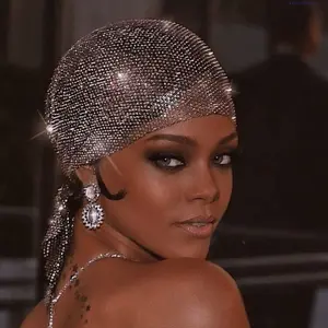 Women Grid Full Rhinestone Elastic Fishnet Cap, Sparkling Bling Rhinestone Headscarf Hat, Stylish Personality Headwear, Glamorous Temperament Accessory for Party Nightclub Stage Daily Matching