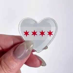 Chicago Flag Heart Acrylic Pin with Red Stars and Heart-Shaped Design