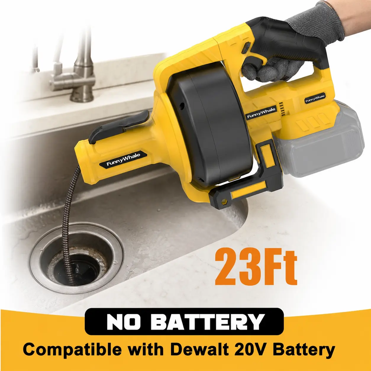 FunnyWhale Cordless Drain Auger Compatible with Dewalt 20V Battery(No Battery) Auto-Feed Plumbing Drain Snake with 23FT Cable, Drain Clog Cleaner Tool for Sink, Toilet, Bathtub, Sewer