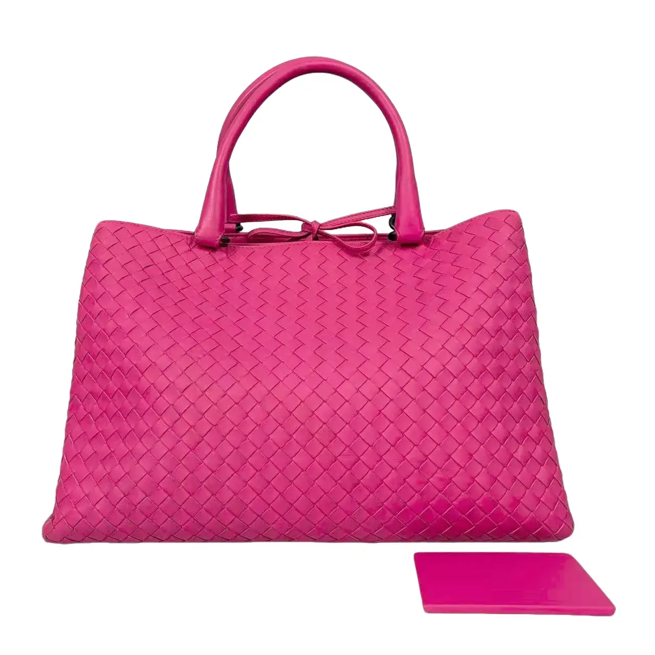 Pre-owned Leather Tote Bags Bottega Veneta Shocking Pink Intrecciato Roma Tote Bag 100% Premium Nappa Lambskin Leather, Drawstring, Accordion Layout, Comfortable Handles, Matching Mirror