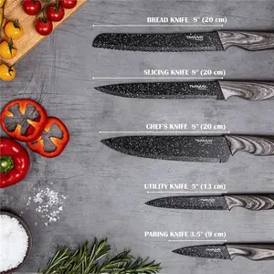 Kitchen Knife Block Set - Granite 5 Piece Knives Set with Clear Acrylic Block - Wood Affect Handle - Stainless Steel Blades - by Nuovva