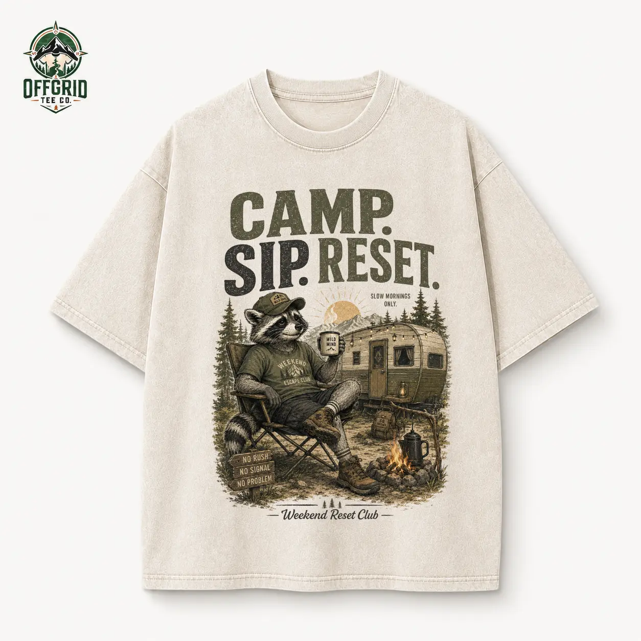 Men's Heavyweight Cotton Short-Sleeve Round Neck T-Shirt - Vintage Washed Camper Van Print, Oversized Streetwear Top, All Seasons Outdoor Adventure Gift, Casual Camping Aesthetic Wear, Shortsleeve