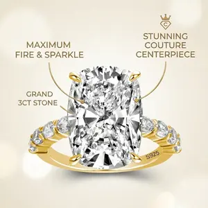 3CT Elongated Cushion Cut Moissanite Engagement Ring S925 Gold Plated Band, Brilliant Fire Statement Wedding Ring ray engagement ring