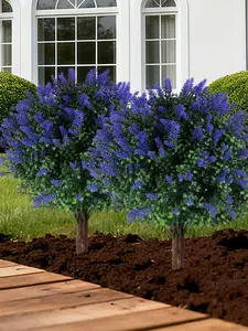 2 Packs Artificial Lavender & Boxwood Ball Trees UV Resistant PE PP Material Evergreen Shrubs with Ground Spike for Indoor Outdoor Porch Garden Decor