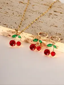 Women's Cherry Necklace & Earrings Set, Copper Material, Elegant & Cute Design, Perfect for Daily Wear, Ideal Jewelry Gift