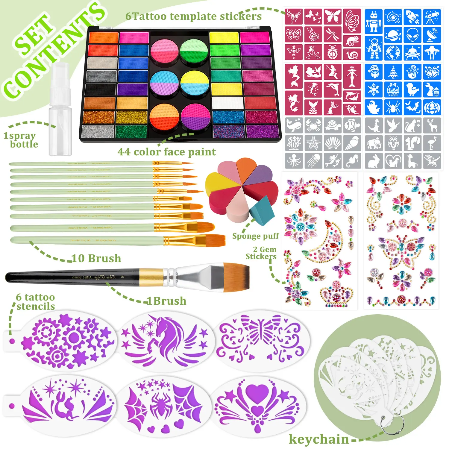 Face Body Paint Oil Makeup Set – 44 Color Face painting Makeup Kit, Non-toxic Water Activated paint palette with Palette,Stencils, Brushes, Gems, Puff, for Kids Party Cosplay Halloween Christmas Carnival.