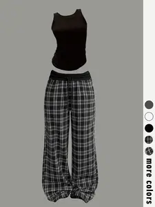 Comfortable Home Set, Womenswear Plaid Two-Piece Suit, Elastic Wide Shoulder Tank Top + Loose Long Pants, Casual Fashion, All Seasons