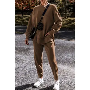 Coffee Solid Color High Low Pullover and Skinny Pants Set