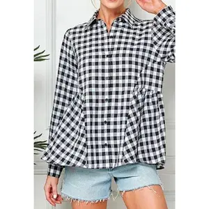 Kierra - Gingham print long sleeve ruffle hem button down shirt - Black