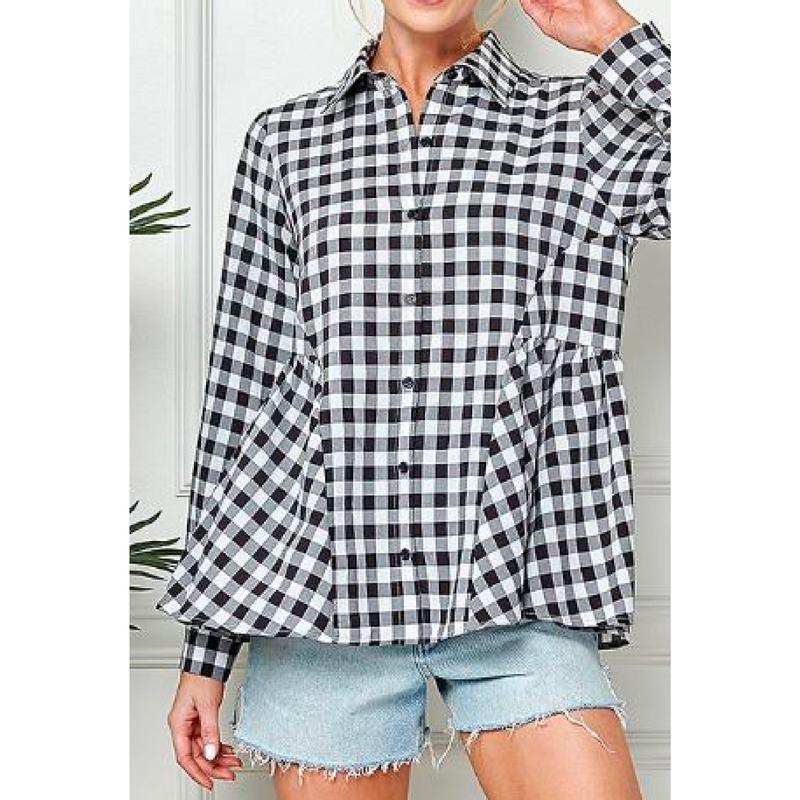 Kierra - Gingham print long sleeve ruffle hem button down shirt - Black