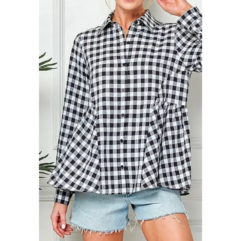 Kierra - Gingham print long sleeve ruffle hem button down shirt - Black