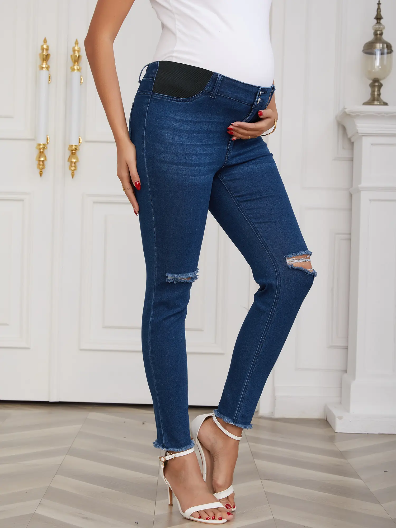 INSPIRE CHIC Women's Maternity Skinny Jeans Ripped High Waist Side Panel Pregnancy Jeans High Stretchy Denim Pants with Pockets