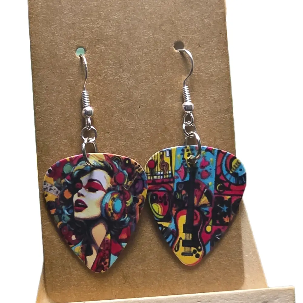 Guitar Pick Hook Earrings, Colorful Plastic Picks with Vibrant Artwork, Secure Dangle Design for Music Lovers