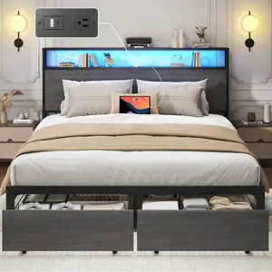Queen & Full Bed Frame With Storage, 2-Tier Storage Headboard & Built-In Drawers, Metal Platform Bed With USB Charging Station & LED Lights, Noise Free, No Box Spring Needed, Easy Assembly,Rustic Grey