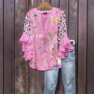 2025 European American Fashion New Style 3D Creative Floral Digital Print Casual Trend V neck Lotus Edge Long Sleeve T shirt Women's Top Cute Stretchy Tank Shapewear White Classic Blouse Comfortable Everyday Wear