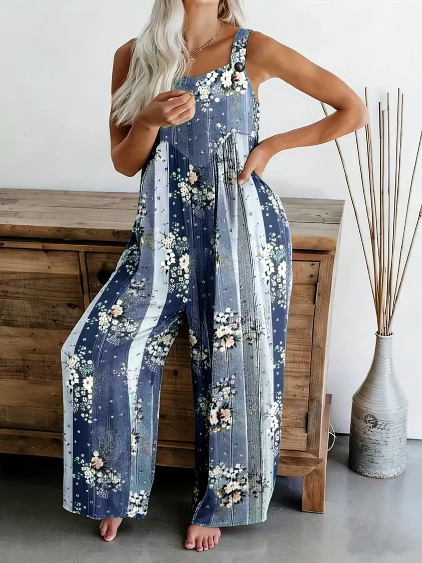 Plus Size Floral All Over Print Button Design Overall Jumpsuit, Bohemian Boho Casual Sleeveless Wide Leg Jumpsuit for Beach Holiday Vacation, Women's Clothes for Summer