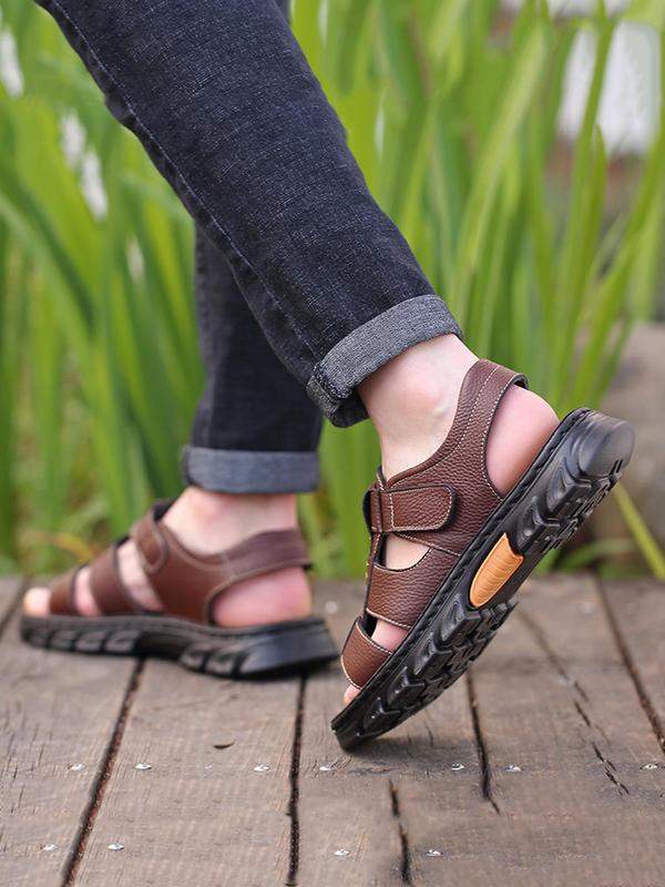 Men's Casual Plain Velcro Sandals, 2024 Fashionable Summer New Open Toe Sandals for Summer, Lightweight Breathable Comfortable Shoes for Daily Wear