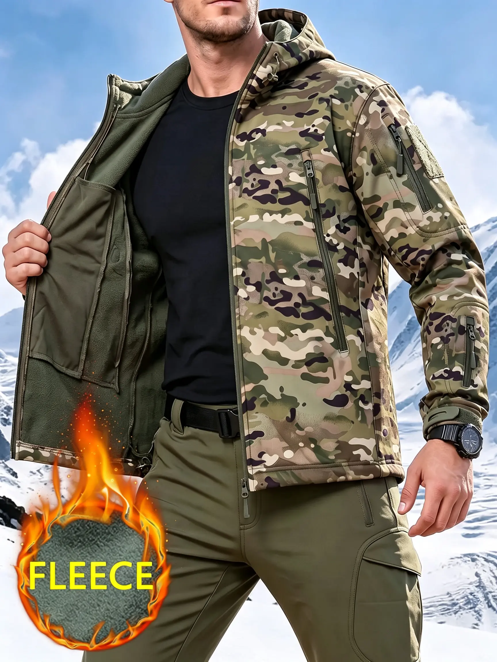 Men’s Tactical Style Fleece-Lined Softshell Jacket - Hooded, Multi-Pocket, Windproof, Water-Resistant Autumn/Winter Outdoor Hunting & Hiking Workwear | Multi-Pocket Water-Resistant, Outdoor Active Options, Multi-Pocket Water-Resistant Men's Fleece Jackets