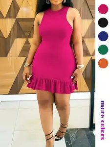 Women's Plain Ruffle Hem Tank Dress, Elegant Sleeveless Round Neck Bodycon Short Dress for Party Club Dating Wear, Ladies Clothes for All Seasons