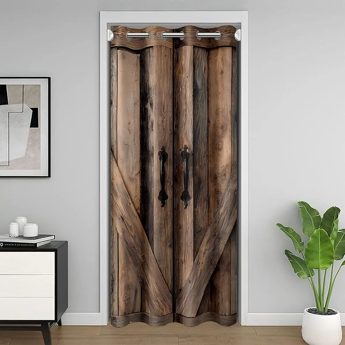 Adults Rustic Wood Door Curtain Doorway Privacy,Farmhouse Village Rural Closet Door Cover Curtain Bedroom Living Room,Retro Decor Green Window Treatments