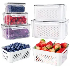 3 Pack  Fridge Organizers and Storage - Stackable Fruit Storage Containers for Fridge with Removable Colander, BPA-Free Food Storage Container for Salad Berry Lettuce Vegetables Meat Keeper Fresh