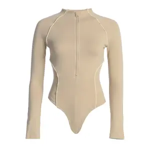 Beige Rise Up Zip Front Bodysuit