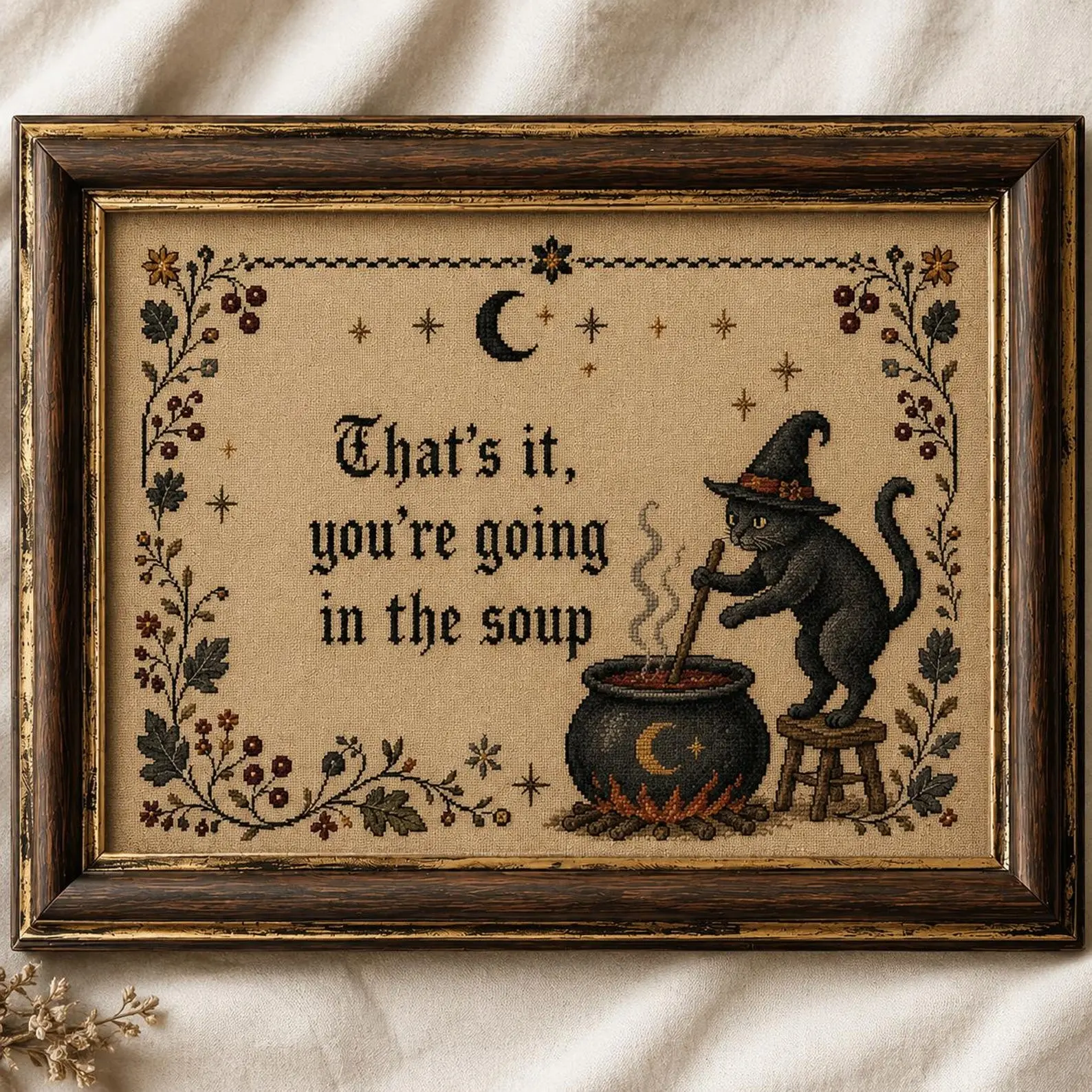 [Paper Print][Unframed] That's It You're Going in the Soup Wall Art, Printed Faux Embroidery Paper Poster, Funny Black Cat Witch Cross Stitch Effect Print, Gothic Cottagecore Kitchen Decor