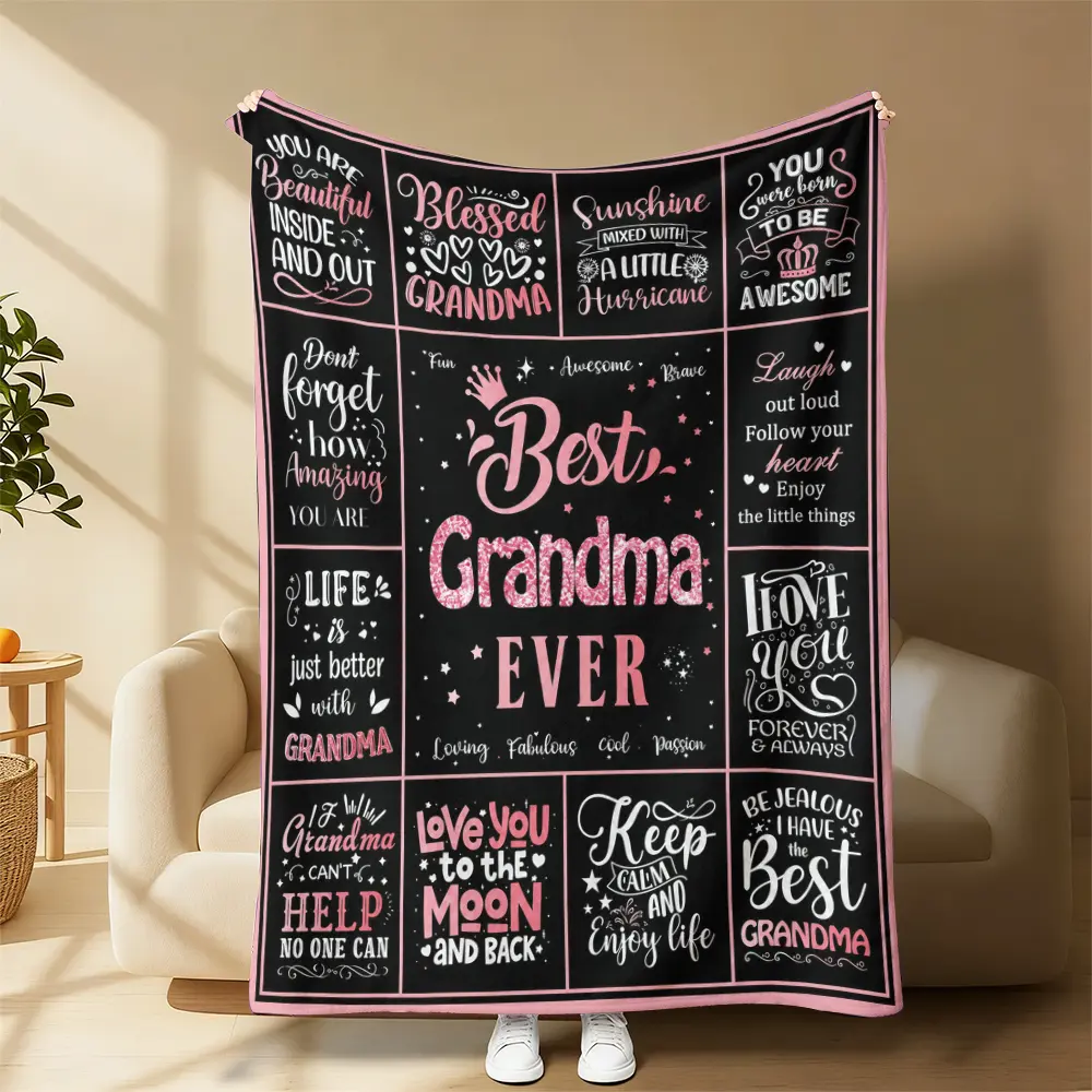 Personalized "Best Grandma Ever" Typography Print Plush Flannel Blanket - Soft Throw for Napping Time, Sentimental and Special Mother’s Day Gift for Grandma