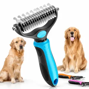 Double-Sided Pet Grooming Brush 2-in-1 Pet Undercoat Rake & Deshedding Tool | Dual-Sided 9 & 17 Teeth Dog Comb for Dematting & Tangle Removal | Ergonomic Non-Slip Blue Grooming Brush for Dogs and Cats dogg rooming