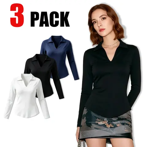 DM HAIS Women's 3-Pack Essential Slim Fit V-Neck Long Sleeve Collared Polo Shirts - Soft Stretch, Basic Casual Day Tops for Golf, Tennis