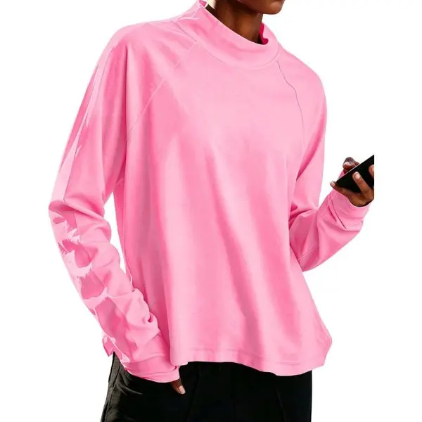Fisoew Women's Mock Neck Tunic Top, Long Sleeve Loose-Fit Athletic Shirt in Soft Fabric with Side Split for Yoga & Daily Layering, Sporty Chic, Biking, Female, Tunic Length