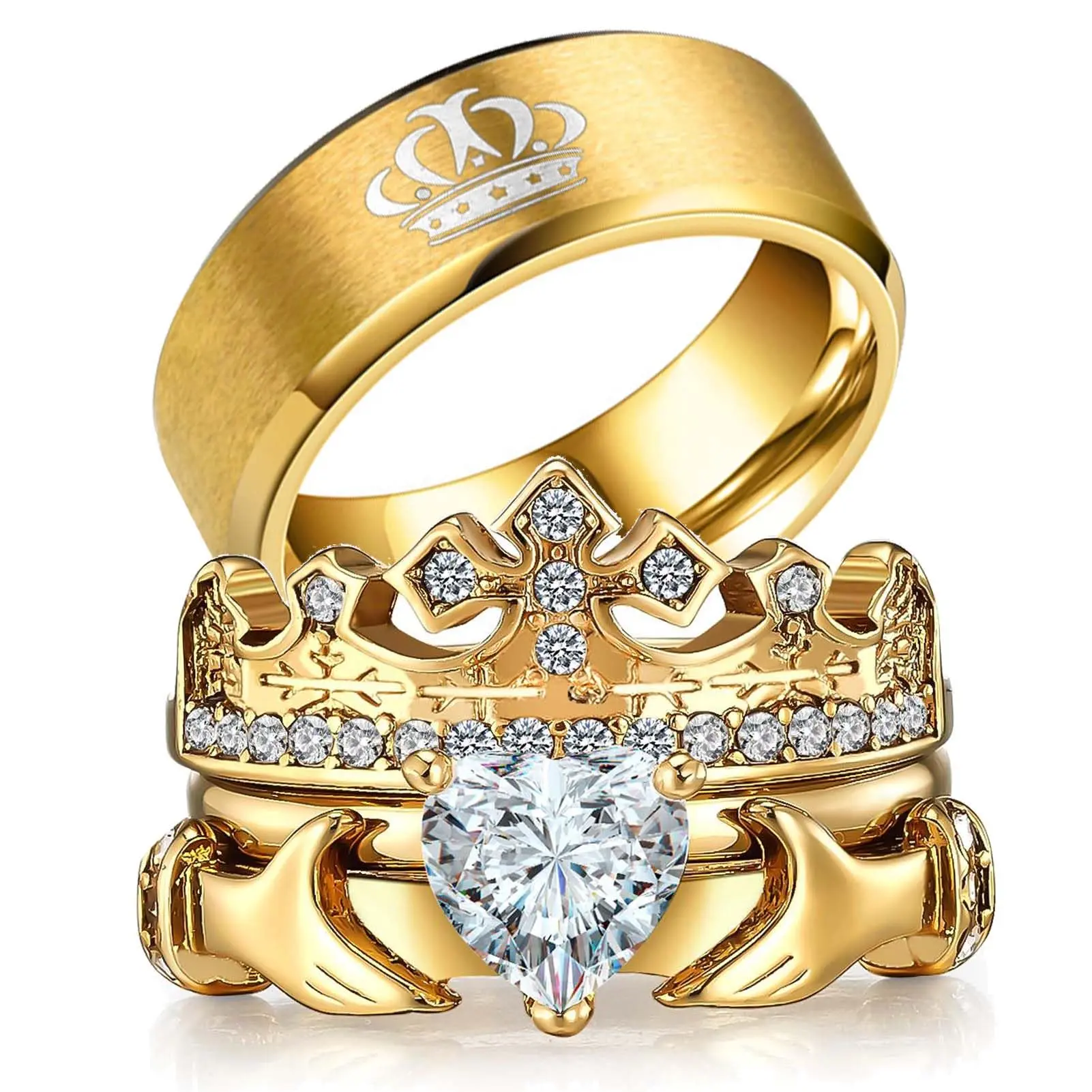 Couple Rings Matching Ring Claddagh Yellow Plated Women Wedding Sets For Him And Her