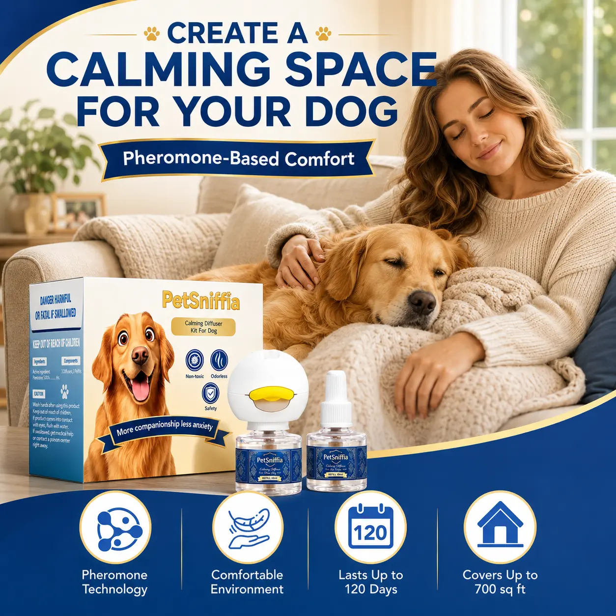Dog Calming Pheromone Wall Diffuser Kit Set, 2 Plug-In Diffusers + 4 Refills, Long-Lasting Scent, Calms Anxiety, Up to 120-Day Supply