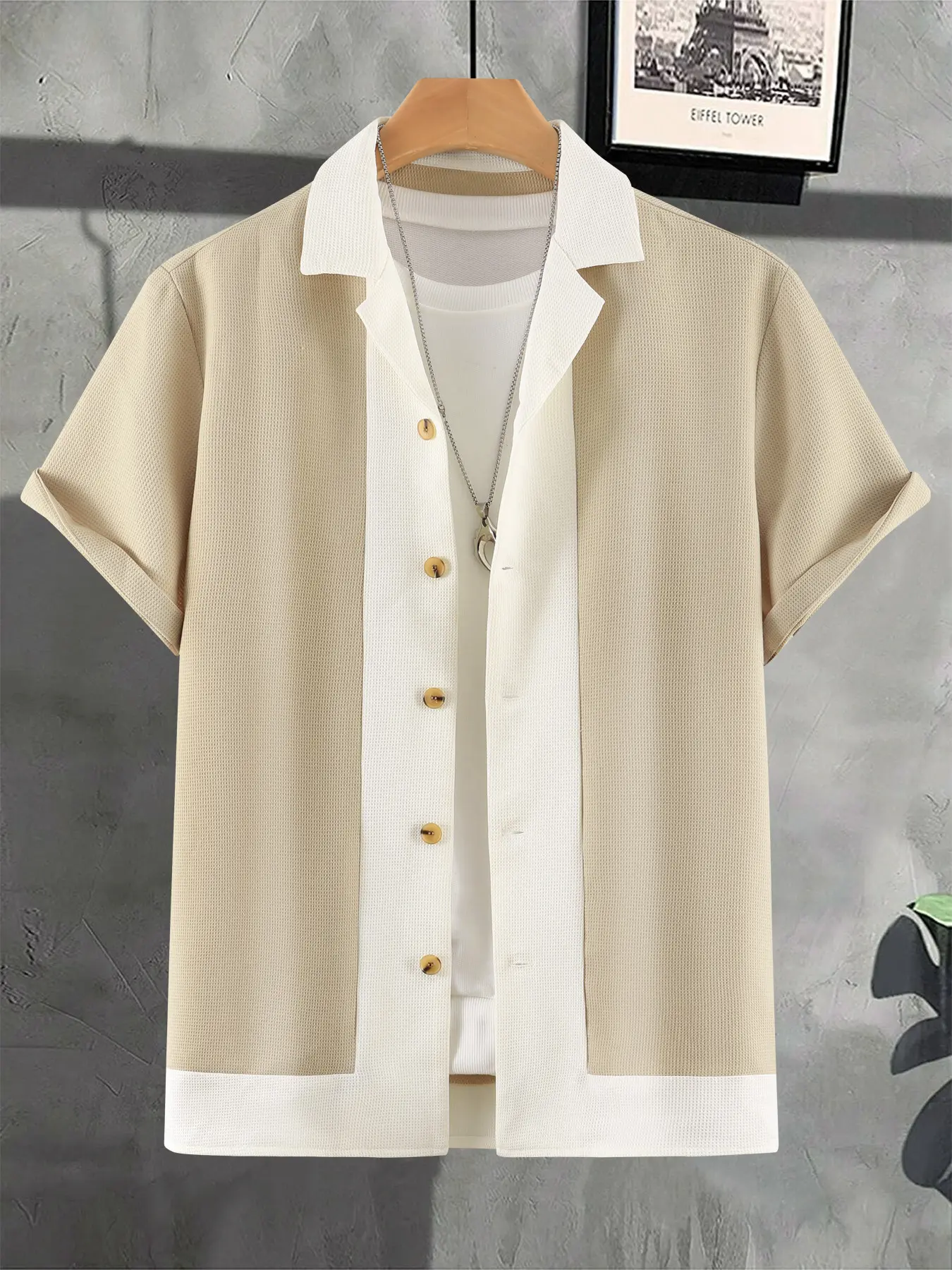 Men's American Baseball Collar Short Sleeve Cardigan Shirt, Casual Buttons Collared, Wine Casual Summer Top, Border Colorblock Racing Print, Streetwear