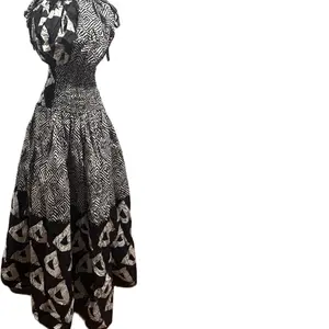 Trends By Scorp Women's Fashion Traditional Elegant Formal Black and White Smokey Ankara African Print Gown - Smocked Bodice, Structured Fit, Tiered Design